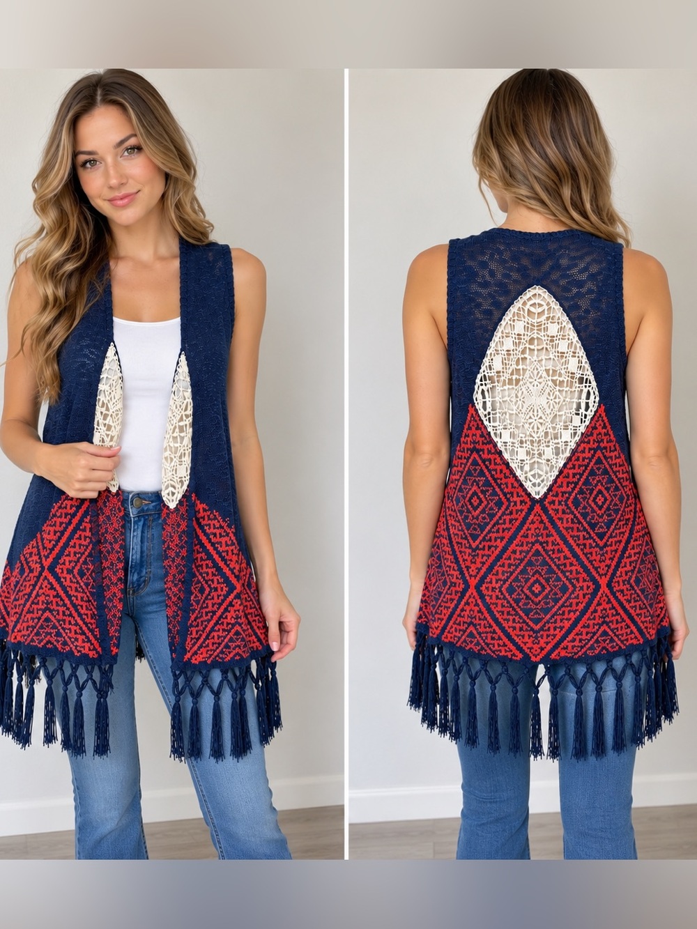 Umgee Women’s Size L Navy Red Boho Fringe Knit Crochet Vest